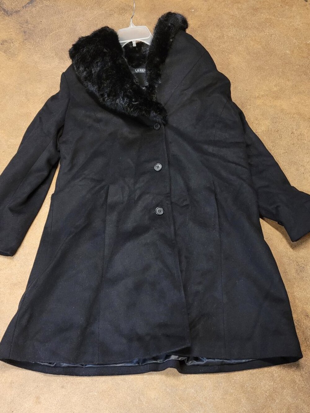 NWT Lauren Ralph Lauren Black Wool Blend Faux Fur Collar Coat Plus 18W
